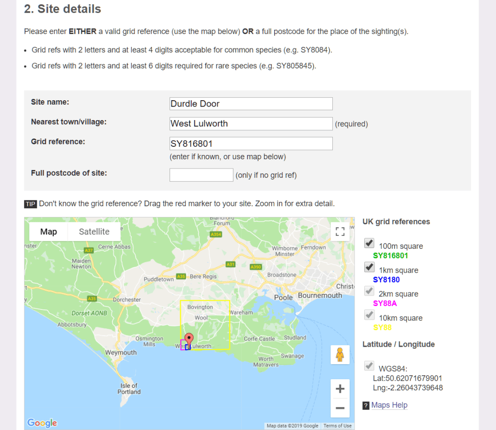 Butterfly recording form: site details